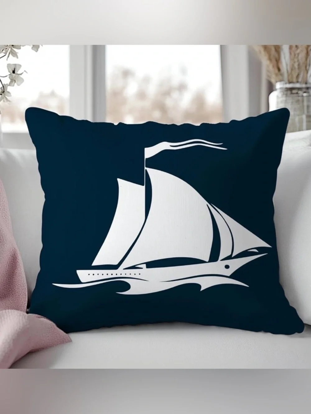 NEW Blue & White Nautical Ship Pillow Cover (1) - 18”x18” - No Pillow Insert